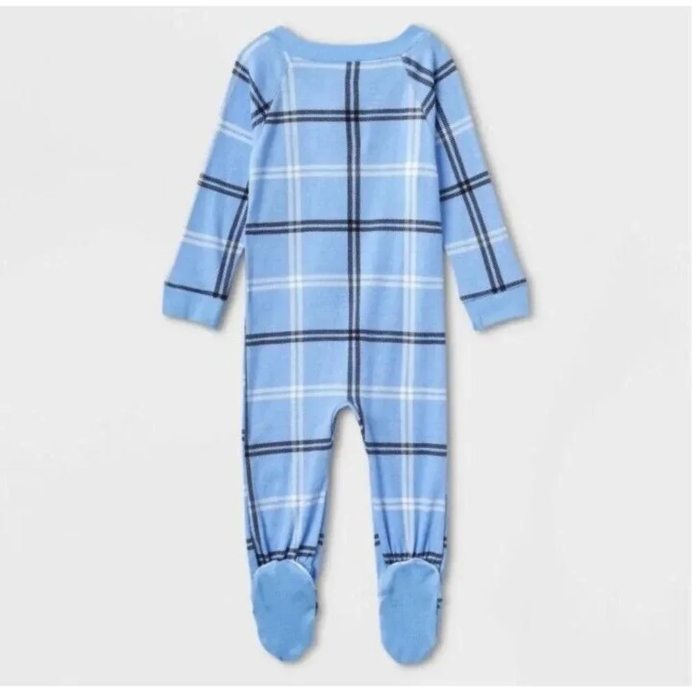 Wondershop 3-6 M light blue Plaid Check Footed Sleeper Family Pajamas Sleepwear - Picture 2 of 5
